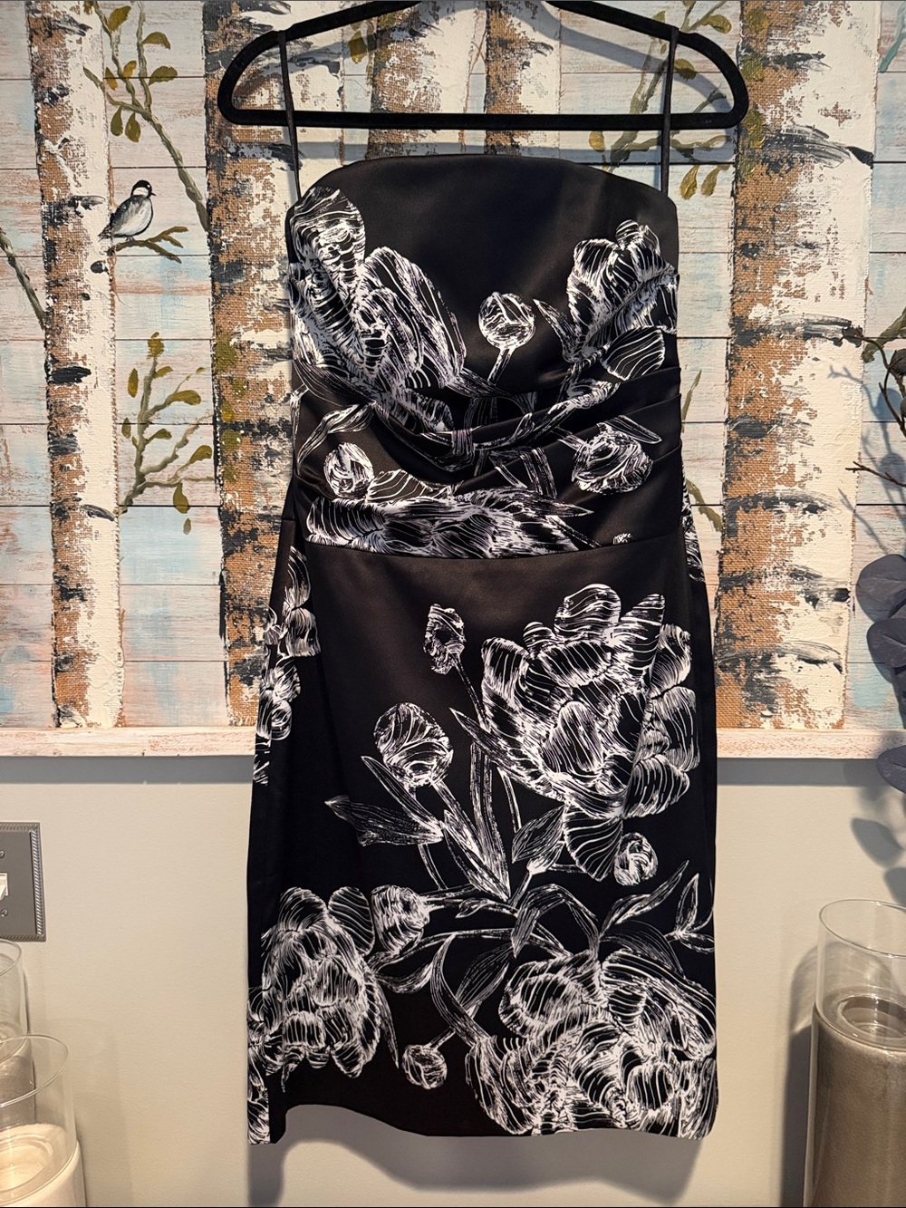 White House Black Market Black Strapless Dress with White Floral Print